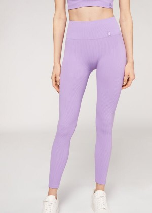 Calzedonia Fine Ribbed Seamless Sport Women's Leggings Purple | CA 1541PQ