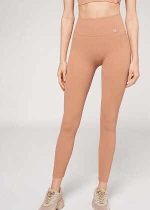 Calzedonia Fine Ribbed Seamless Sport Women's Leggings Beige | CA 1540OR