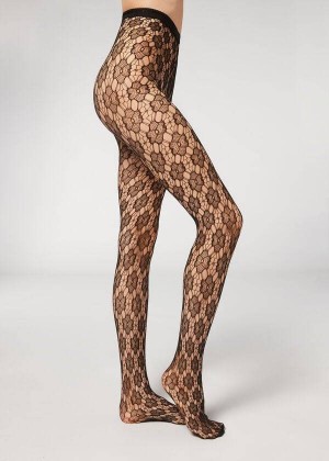 Calzedonia Floral-Motif Fishnet Patterned Women's Tight Black | CA 3090LH