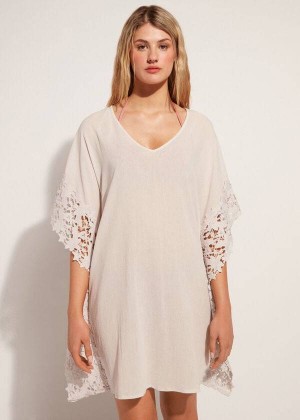 Calzedonia Floral Macramé Lace Caftan Women's Cover Ups Beige | CA 2110UT