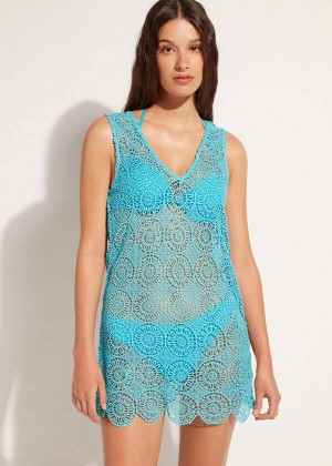 Calzedonia Geometric Crochet Dress Women's Cover Ups Turquoise | CA 2107RW