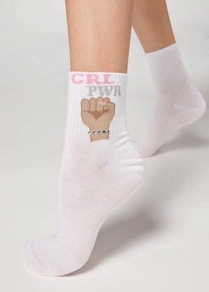 Calzedonia Girl Power Print Short Women's Socks White | CA 1756JJ