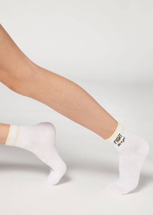 Calzedonia Girl Power Print Short Women's Socks White / Yellow | CA 1753FM