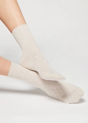 Calzedonia Glitter Herringbone Design Short Women's Socks Beige | CA 1750AP