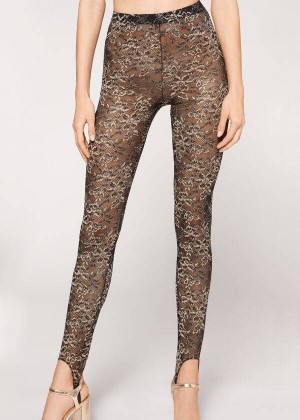 Calzedonia Glitter Lace Stirrup Women's Leggings Brown / Black | CA 1536TV