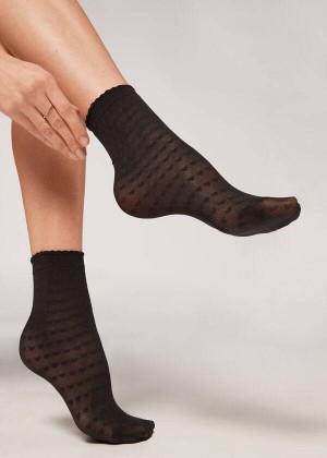 Calzedonia Heart Motif Mesh Short Women's Socks Black | CA 1748OR