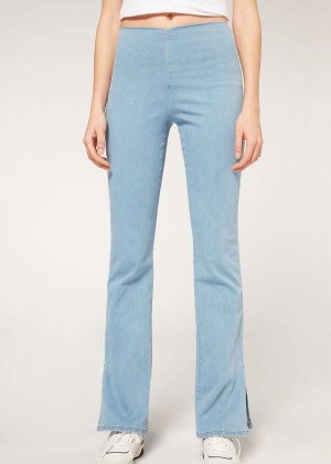 Calzedonia High-Waist Flared in Denim with Slits Women's Jeans Blue | CA 1592OR