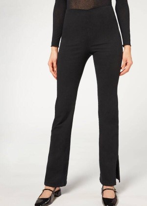 Calzedonia High-Waist Flared in Denim with Slits Women's Leggings Black | CA 1532QZ