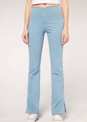 Calzedonia High-Waist Flared in Denim with Slits Women's Leggings Blue | CA 1531MA