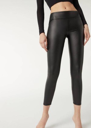 Calzedonia Leather Effect Women's Leggings Black | CA 1528VD