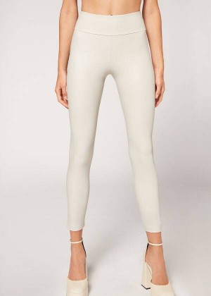 Calzedonia Leather Effect Women's Leggings White | CA 1526XF