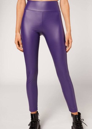 Calzedonia Leather Effect Women's Leggings Purple | CA 1525ZG