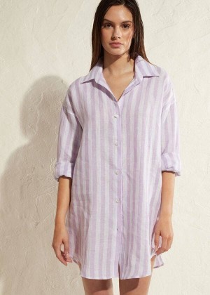 Calzedonia Linen Shirt Women's Cover Ups Purple / White | CA 2105WY