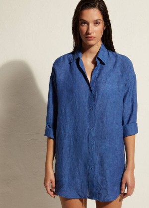 Calzedonia Linen Shirt Women's Cover Ups Blue | CA 2100VD