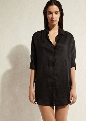 Calzedonia Linen Shirt Women's Cover Ups Black | CA 2099CE