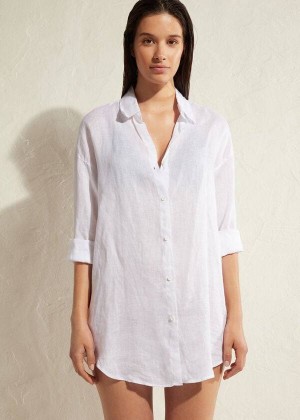 Calzedonia Linen Shirt Women's Cover Ups White | CA 2098XF