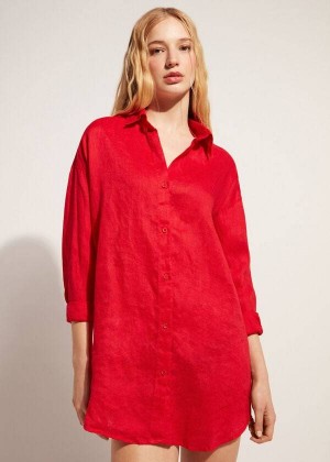 Calzedonia Linen Shirt Women's Cover Ups Red | CA 2096LH