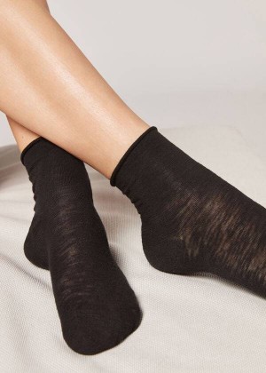 Calzedonia Linen and Viscose Short Women's Socks Black | CA 1745YU