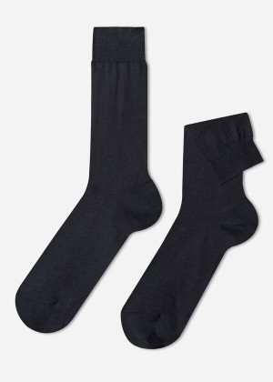 Calzedonia Lisle Thread Crew Men's Socks Grey Blue | CA 1386AP