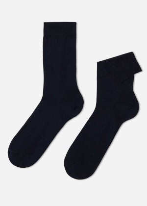 Calzedonia Lisle Thread Crew Men's Socks Blue | CA 1385PQ