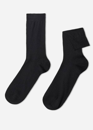 Calzedonia Lisle Thread Crew Men's Socks Black | CA 1380TV