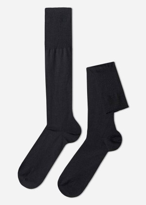 Calzedonia Lisle Thread Long Men's Socks Grey / Blue | CA 1424VD