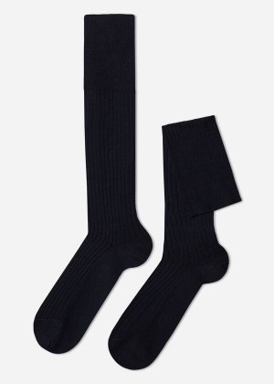 Calzedonia Lisle Thread Ribbed Long Men's Socks Blue | CA 1439SO