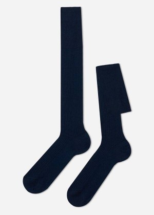 Calzedonia Lisle Thread Ribbed Long Men's Socks Navy | CA 1437PQ