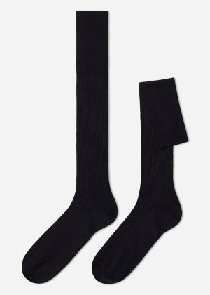 Calzedonia Lisle Thread Ribbed Long Men's Socks Navy / Grey | CA 1436OR