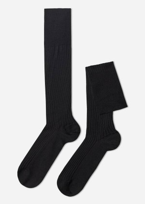 Calzedonia Lisle Thread Ribbed Long Men's Socks Black | CA 1435IS