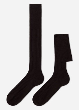 Calzedonia Lisle Thread Ribbed Long Men's Socks Brown | CA 1434UT