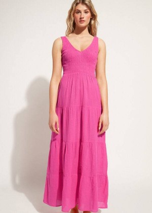 Calzedonia Long Dress with Ruffled Skirt Women's Cover Ups Pink | CA 2089SO