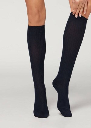 Calzedonia Long Ribbed Cashmere Women's Socks Blue | CA 1944VD