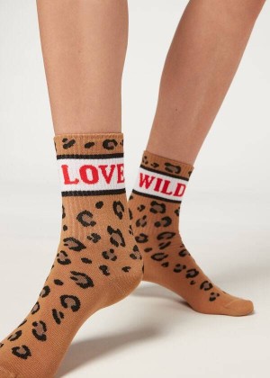 Calzedonia Love Pattern Short Women's Socks Brown | CA 1743RW