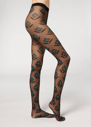 Calzedonia Macro Daisy Micronet Patterned Women's Tight Black / Blue | CA 3078TV