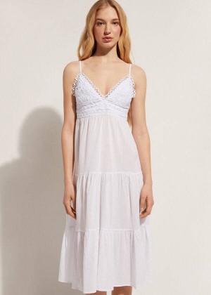 Calzedonia Midi Dress in Macramé Lace and Ruffled Skirt Women's Cover Ups White | CA 2087PQ