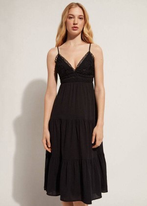 Calzedonia Midi Dress in Macramé Lace and Ruffled Skirt Women's Cover Ups Black | CA 2086OR