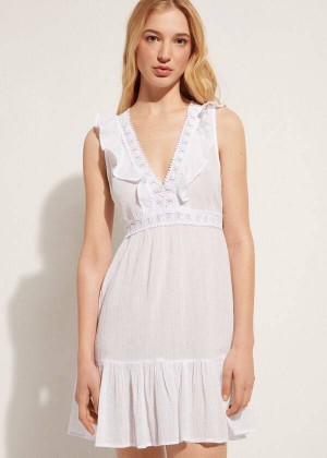 Calzedonia Mini Dress with Ruffle and Passementerie Women's Cover Ups White | CA 2084UT