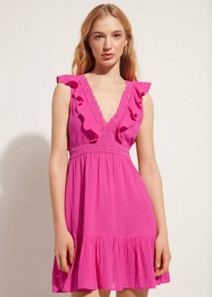 Calzedonia Mini Dress with Ruffle and Passementerie Women's Cover Ups Pink | CA 2083YU