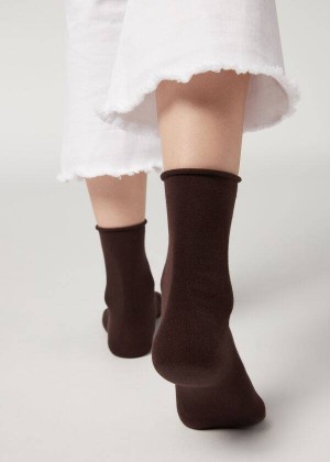 Calzedonia Non-Elastic Cotton Ankle Short Women's Socks Brown | CA 1740QZ