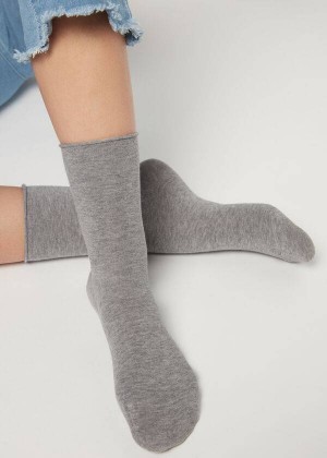 Calzedonia Non-Elastic Cotton Ankle Short Women's Socks Silver | CA 1739MA