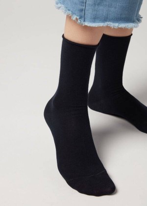 Calzedonia Non-Elastic Cotton Ankle Short Women's Socks Navy / Blue | CA 1737BC