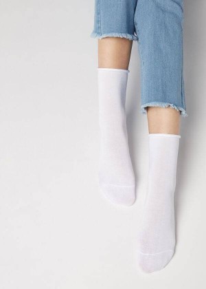 Calzedonia Non-Elastic Cotton Ankle Short Women's Socks White | CA 1735CE