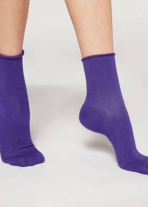 Calzedonia Non-Elastic Cotton Ankle Short Women's Socks Purple | CA 1732LH