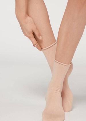 Calzedonia Non-Elastic Cotton Ankle Short Women's Socks Beige | CA 1731KI