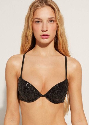 Calzedonia Padded Push-Up Cannes rosa Women's Bikini Tops Black | CA 2348RW