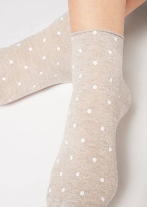 Calzedonia Polka Dot Motif Short with Linen Women's Socks Beige | CA 1725SO