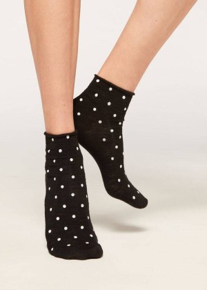 Calzedonia Polka Dot Motif Short with Linen Women's Socks Black | CA 1724AP