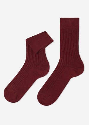 Calzedonia Ribbed Cashmere Short Crew Men's Socks Burgundy | CA 1343ZG