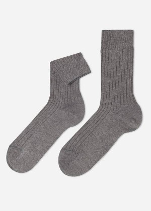 Calzedonia Ribbed Cashmere Short Crew Men's Socks Grey | CA 1342LH